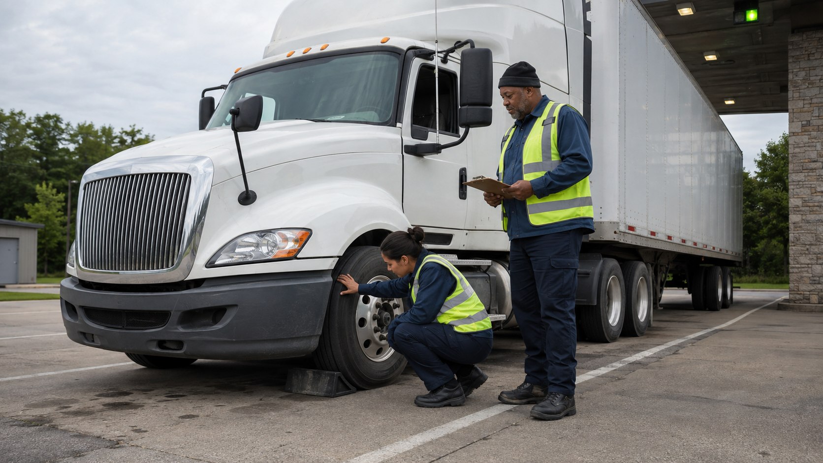 Driver and technician carrying out a pre-trip inspection
